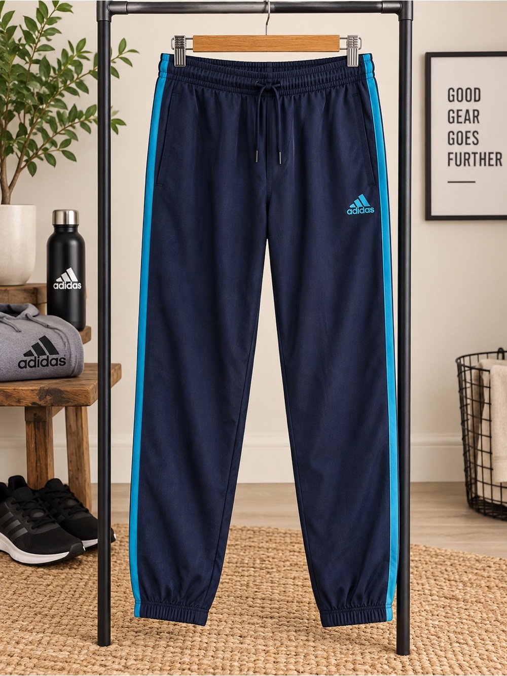 Adidas Men’s XL Navy Blue Turquoise Stripe Track Pants Joggers